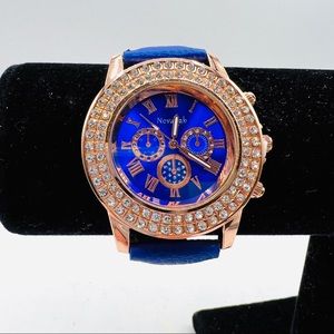 Novadab watch. Blue Gold.  Rhinestones Blue Faux Leather band